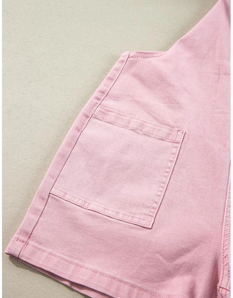 Pink Solid Color Knot Straps Denim Romper with Pockets