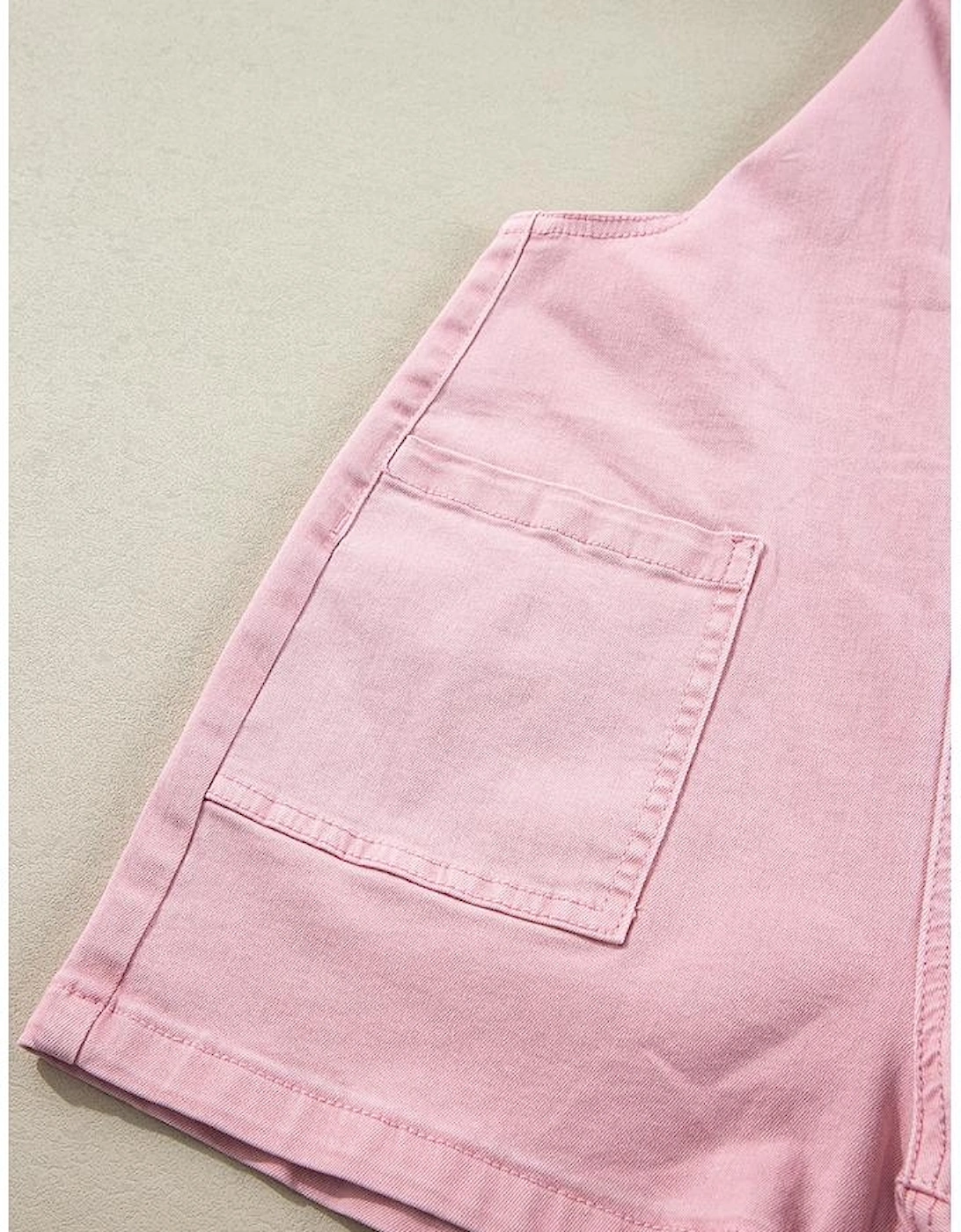Pink Solid Color Knot Straps Denim Romper with Pockets