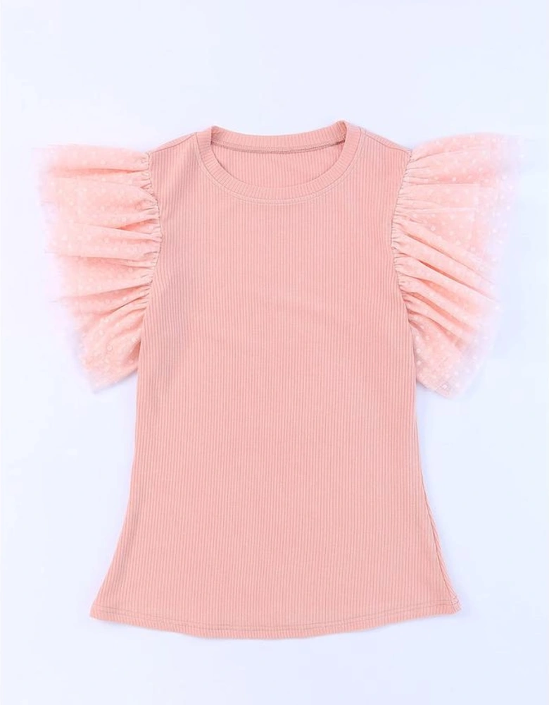Pink Dotty Mesh Ruffle Sleeve Ribbed Knit Top