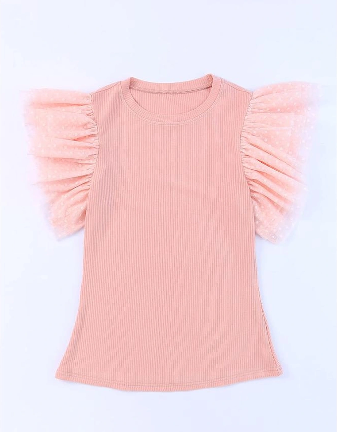 Pink Dotty Mesh Ruffle Sleeve Ribbed Knit Top