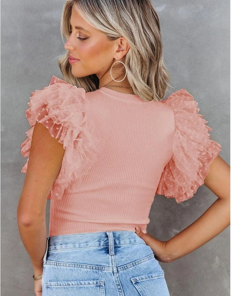 Pink Dotty Mesh Ruffle Sleeve Ribbed Knit Top