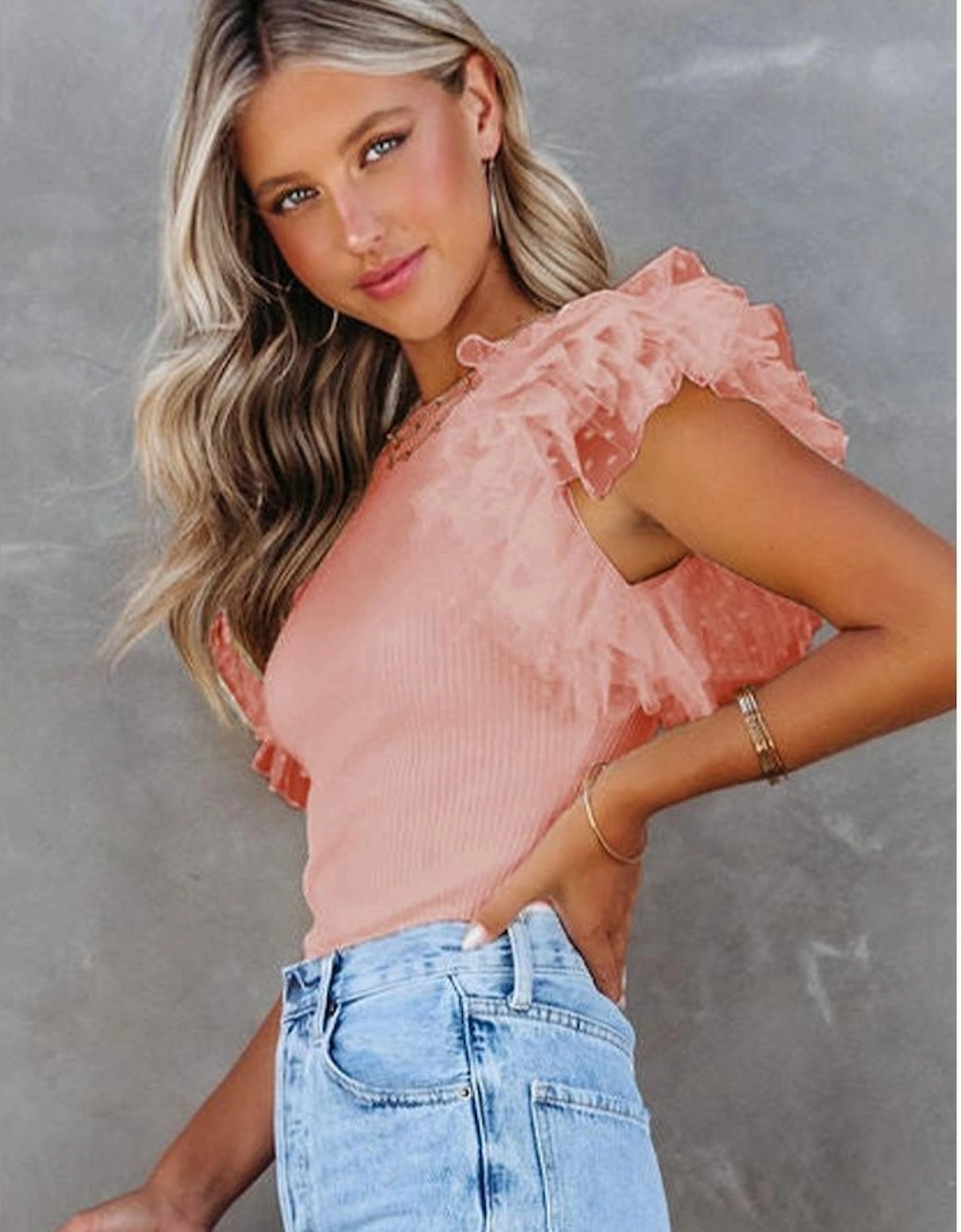 Pink Dotty Mesh Ruffle Sleeve Ribbed Knit Top