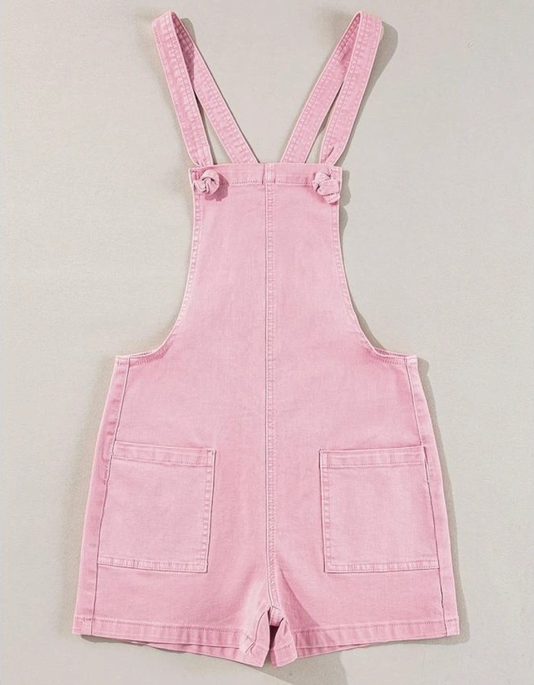 Pink Solid Color Knot Straps Denim Romper with Pockets