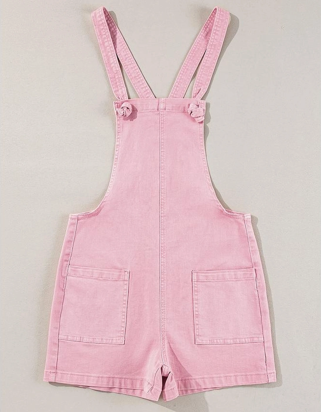 Pink Solid Color Knot Straps Denim Romper with Pockets