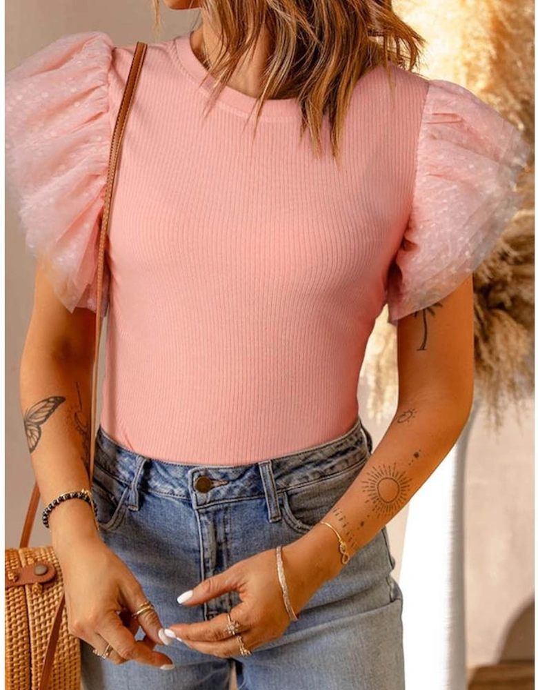 Pink Dotty Mesh Ruffle Sleeve Ribbed Knit Top