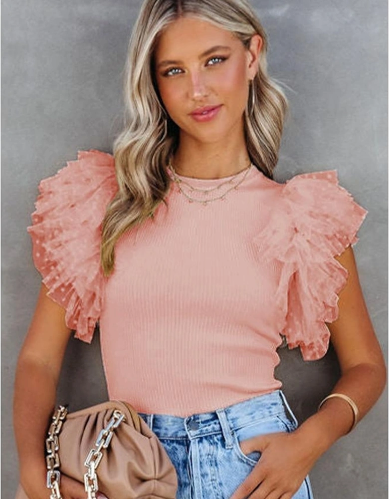 Pink Dotty Mesh Ruffle Sleeve Ribbed Knit Top
