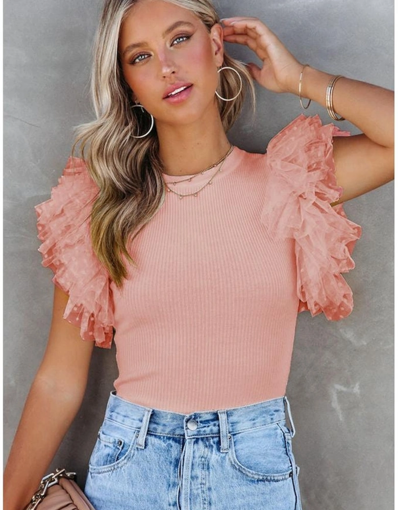 Pink Dotty Mesh Ruffle Sleeve Ribbed Knit Top
