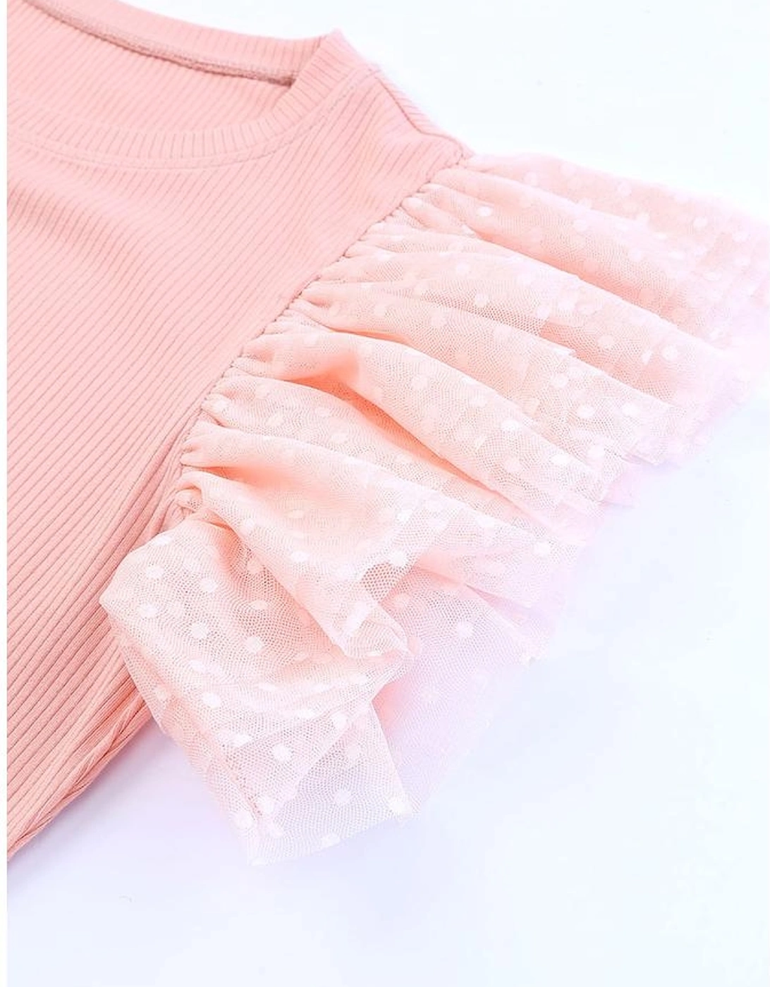 Pink Dotty Mesh Ruffle Sleeve Ribbed Knit Top