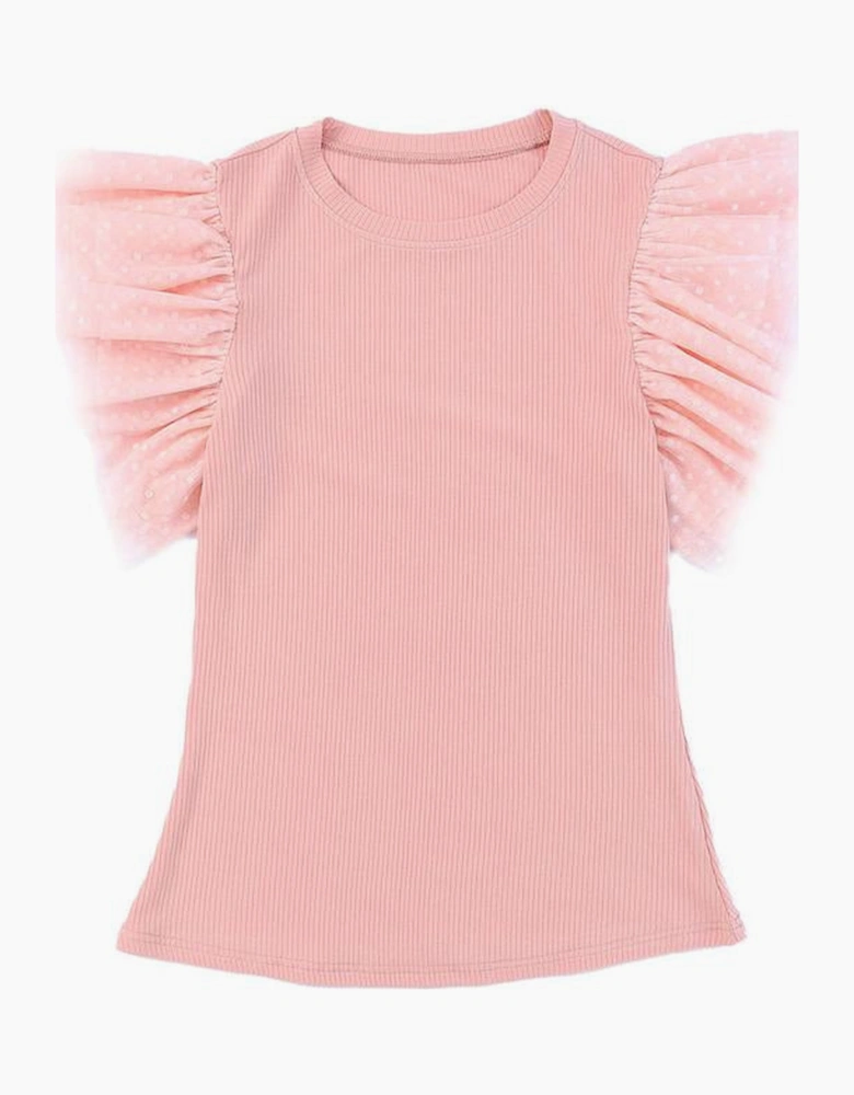 Pink Dotty Mesh Ruffle Sleeve Ribbed Knit Top