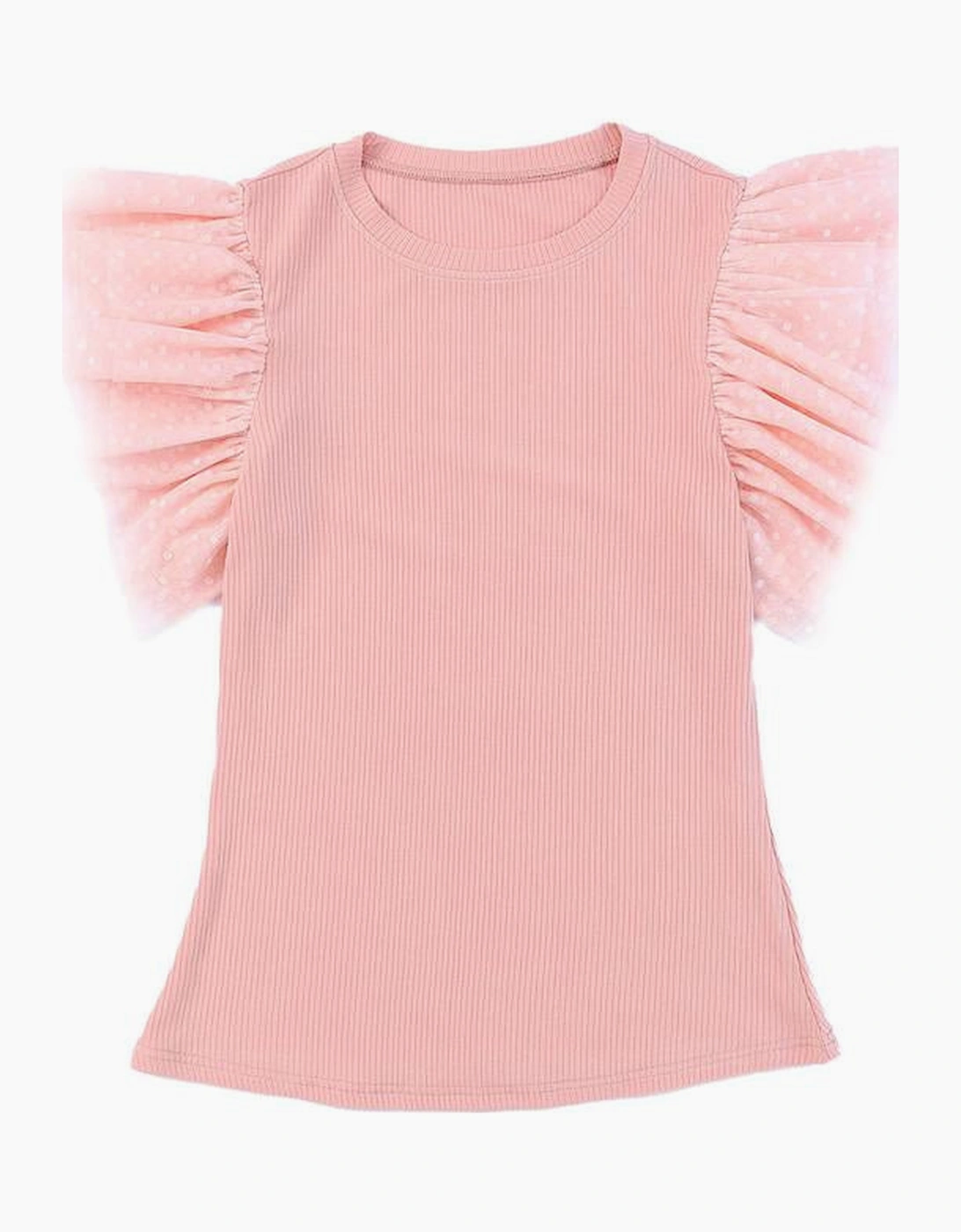 Pink Dotty Mesh Ruffle Sleeve Ribbed Knit Top