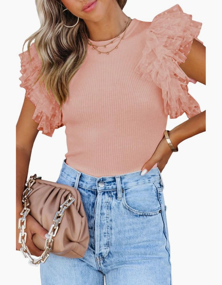 Pink Dotty Mesh Ruffle Sleeve Ribbed Knit Top