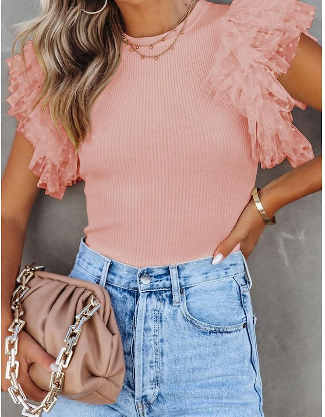 Pink Dotty Mesh Ruffle Sleeve Ribbed Knit Top