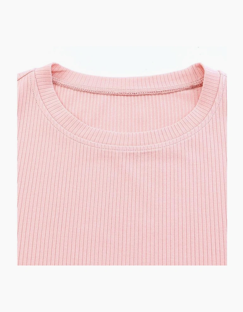 Pink Dotty Mesh Ruffle Sleeve Ribbed Knit Top