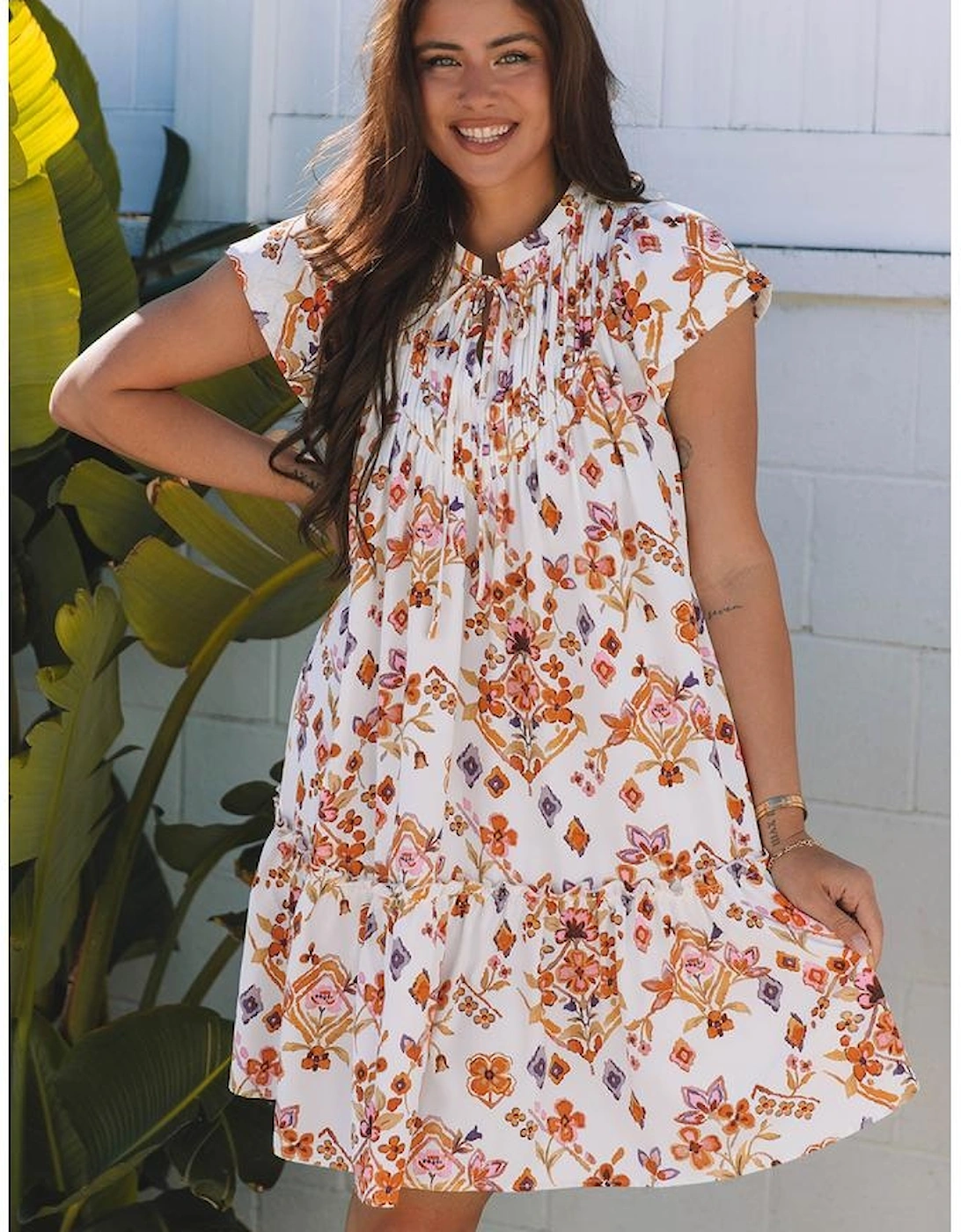 Apricot Floral Geometric Print Ruffled Trim Flutter Sleeve Mini Dress