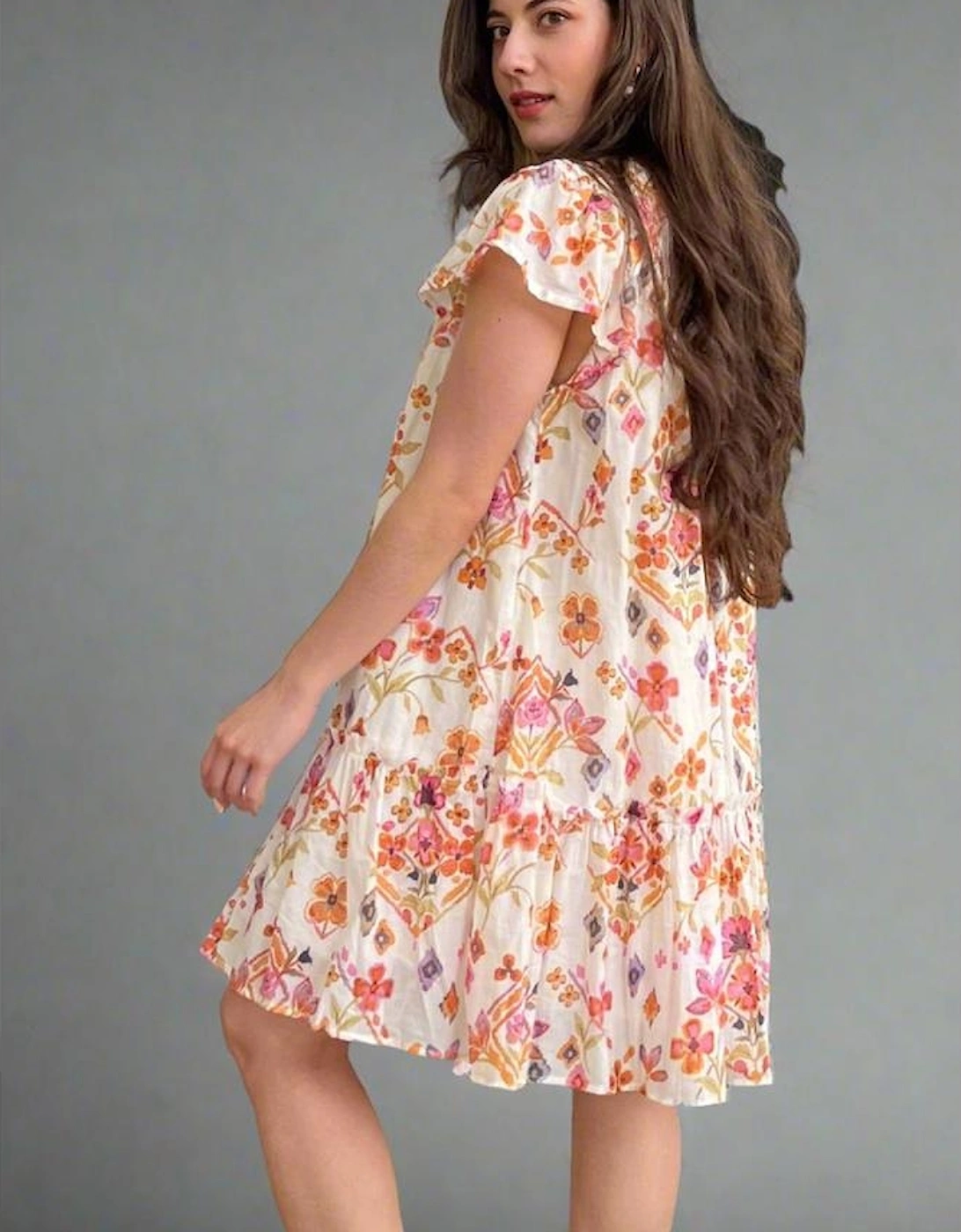 Apricot Floral Geometric Print Ruffled Trim Flutter Sleeve Mini Dress