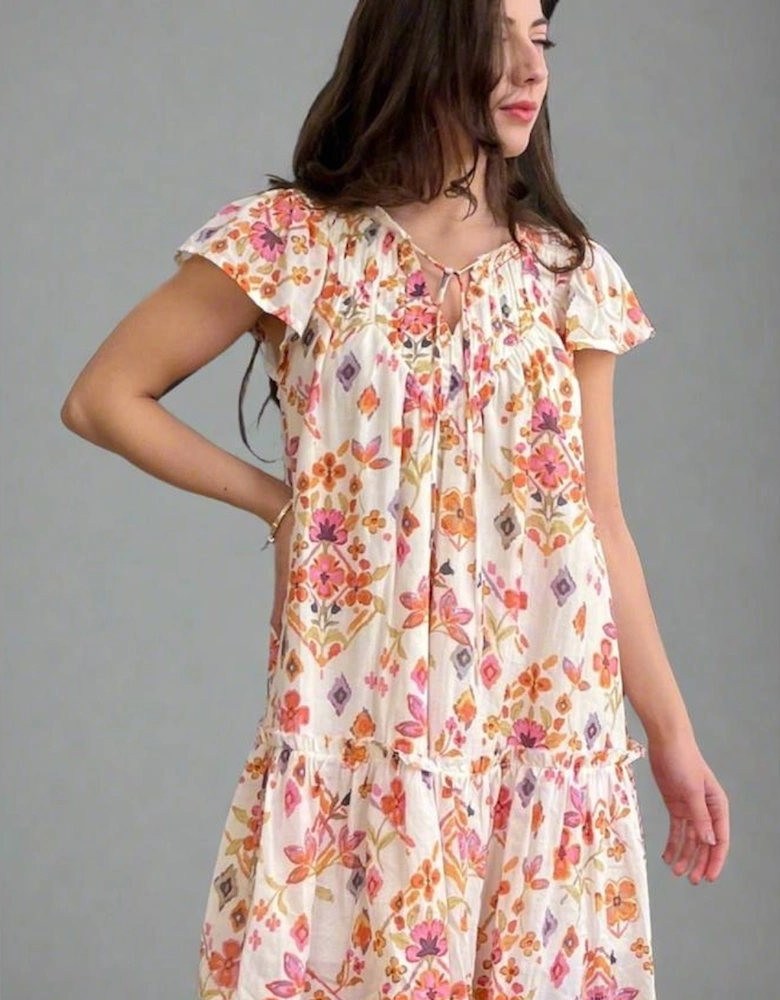 Apricot Floral Geometric Print Ruffled Trim Flutter Sleeve Mini Dress