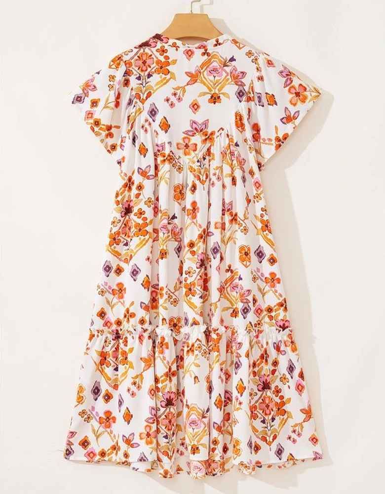 Apricot Floral Geometric Print Ruffled Trim Flutter Sleeve Mini Dress