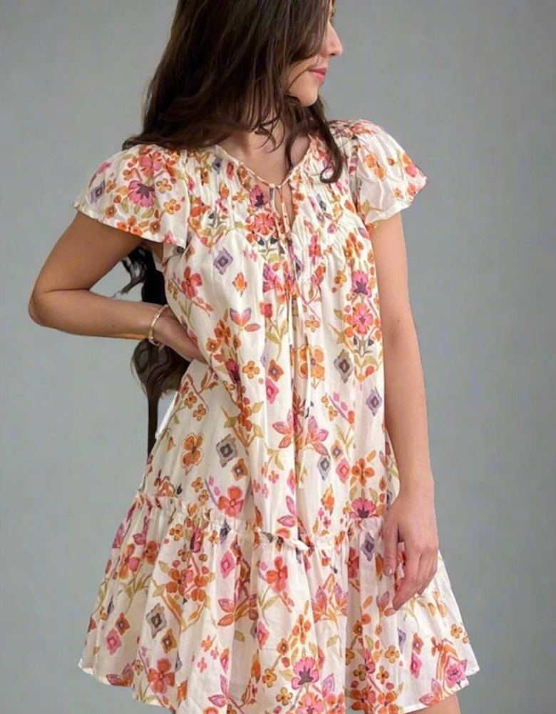 Apricot Floral Geometric Print Ruffled Trim Flutter Sleeve Mini Dress