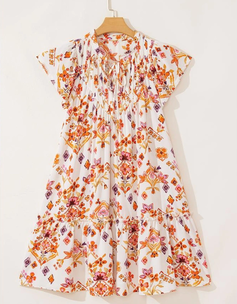 Apricot Floral Geometric Print Ruffled Trim Flutter Sleeve Mini Dress