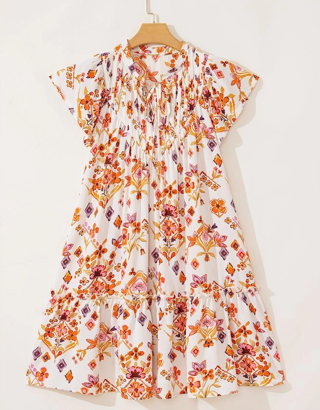Apricot Floral Geometric Print Ruffled Trim Flutter Sleeve Mini Dress