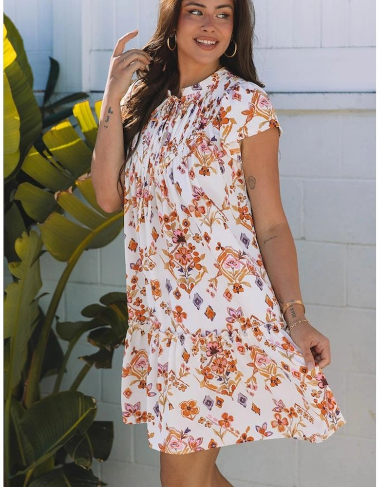 Apricot Floral Geometric Print Ruffled Trim Flutter Sleeve Mini Dress