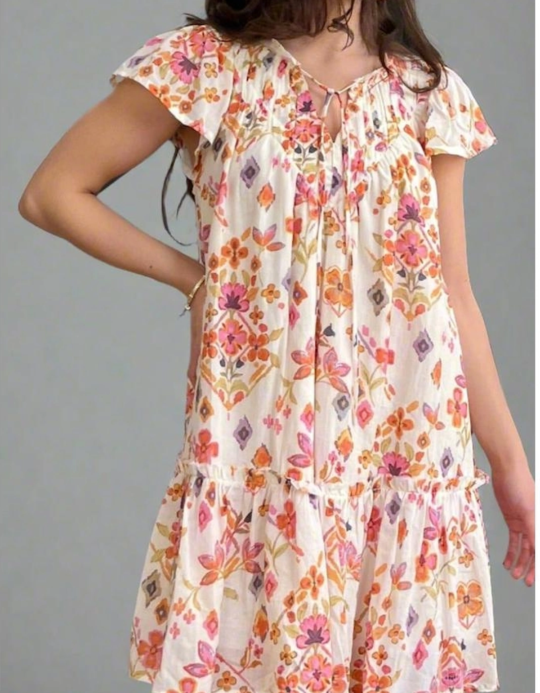 Apricot Floral Geometric Print Ruffled Trim Flutter Sleeve Mini Dress