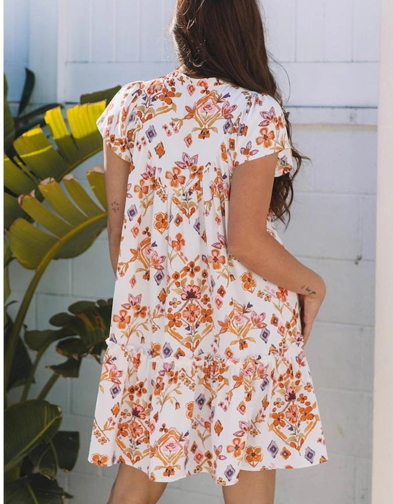 Apricot Floral Geometric Print Ruffled Trim Flutter Sleeve Mini Dress