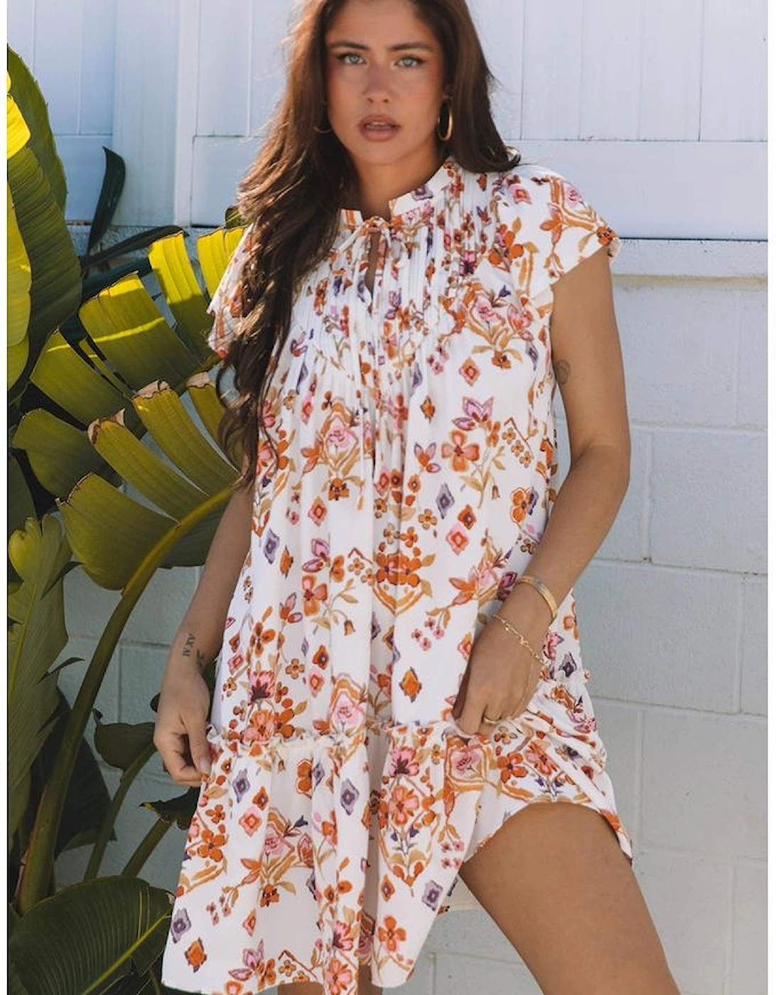 Apricot Floral Geometric Print Ruffled Trim Flutter Sleeve Mini Dress
