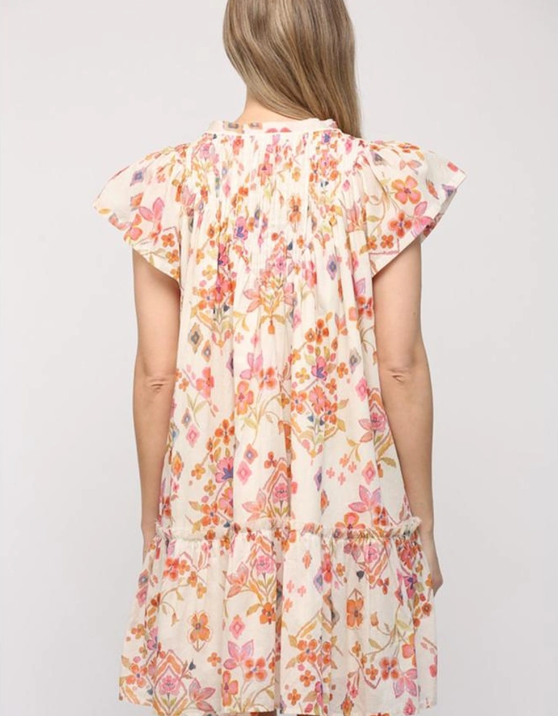 Apricot Floral Geometric Print Ruffled Trim Flutter Sleeve Mini Dress