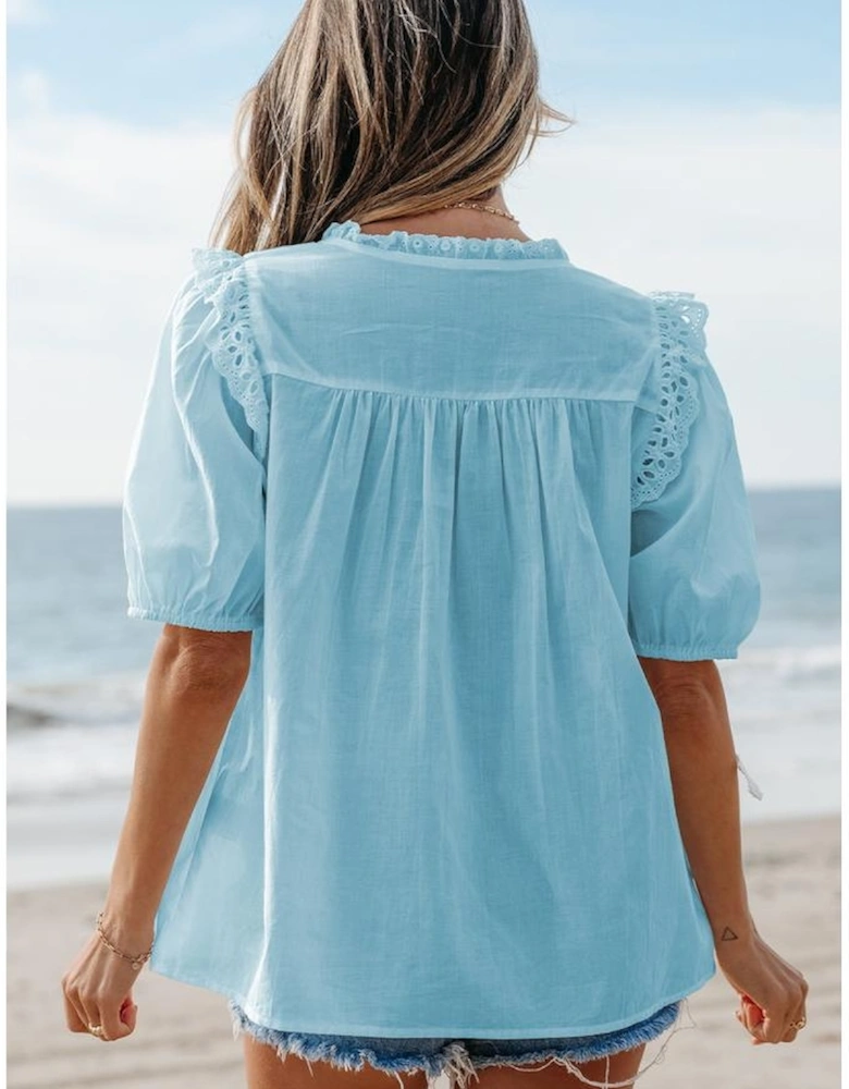 Mist Blue Embroidered Lace Patchwork Tie Neck Puff Short Sleeve Blouse