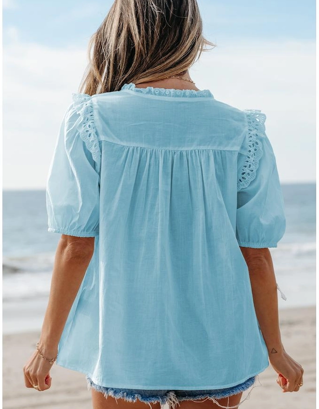 Mist Blue Embroidered Lace Patchwork Tie Neck Puff Short Sleeve Blouse