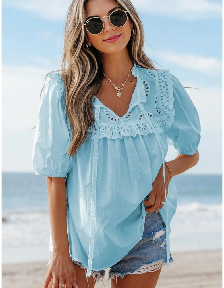 Mist Blue Embroidered Lace Patchwork Tie Neck Puff Short Sleeve Blouse
