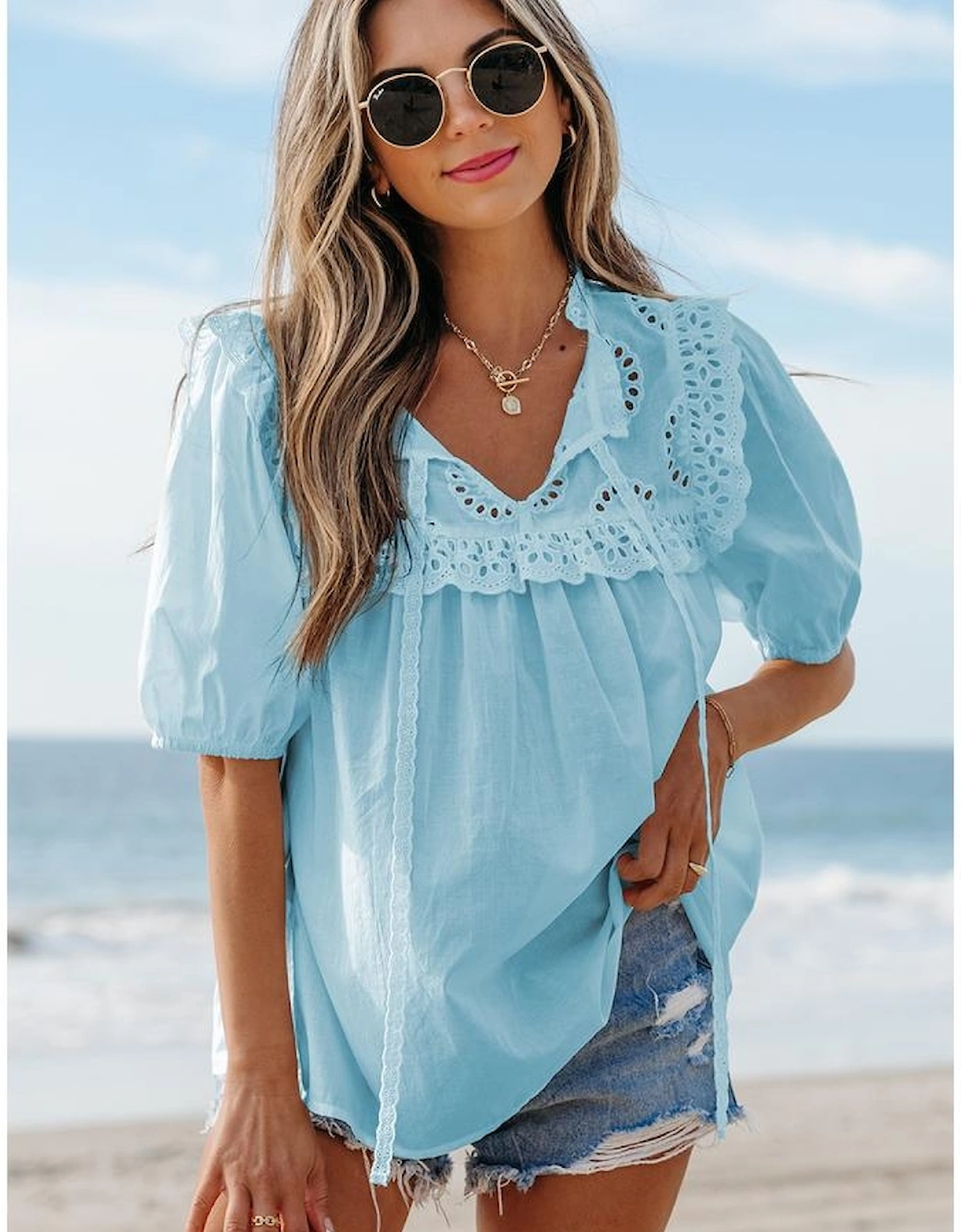 Mist Blue Embroidered Lace Patchwork Tie Neck Puff Short Sleeve Blouse