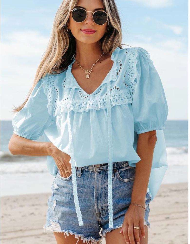 Mist Blue Embroidered Lace Patchwork Tie Neck Puff Short Sleeve Blouse
