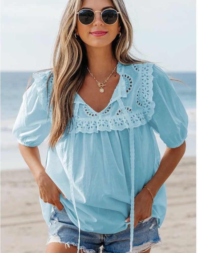 Mist Blue Embroidered Lace Patchwork Tie Neck Puff Short Sleeve Blouse