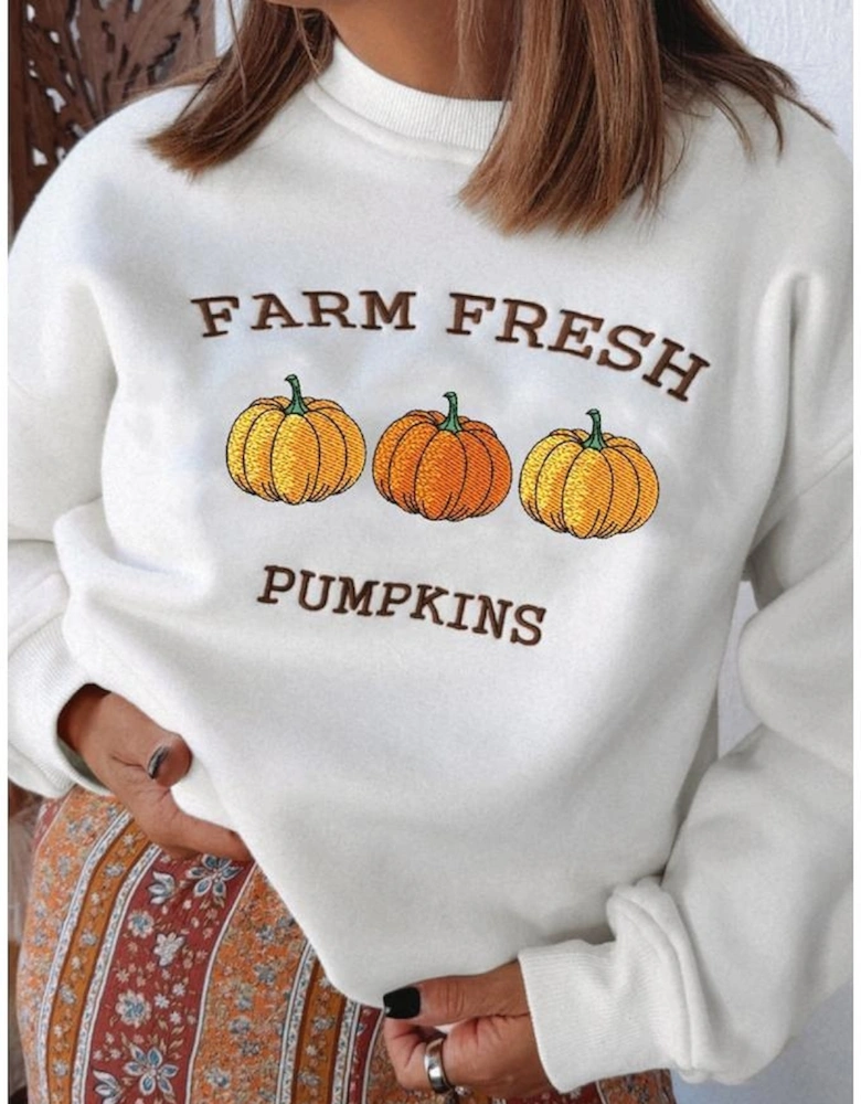White FARM FRESH PUMPKINS Embroidered Graphic Thanksgiving Holiday Sweatshirt