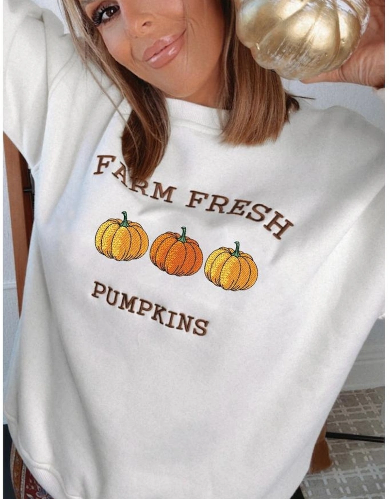 White FARM FRESH PUMPKINS Embroidered Graphic Thanksgiving Holiday Sweatshirt