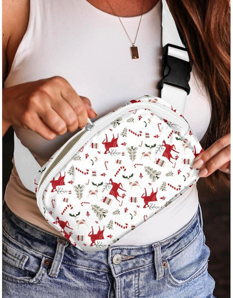 White Christmas Pattern Print Buckle Wide Strap Crossbody Bag