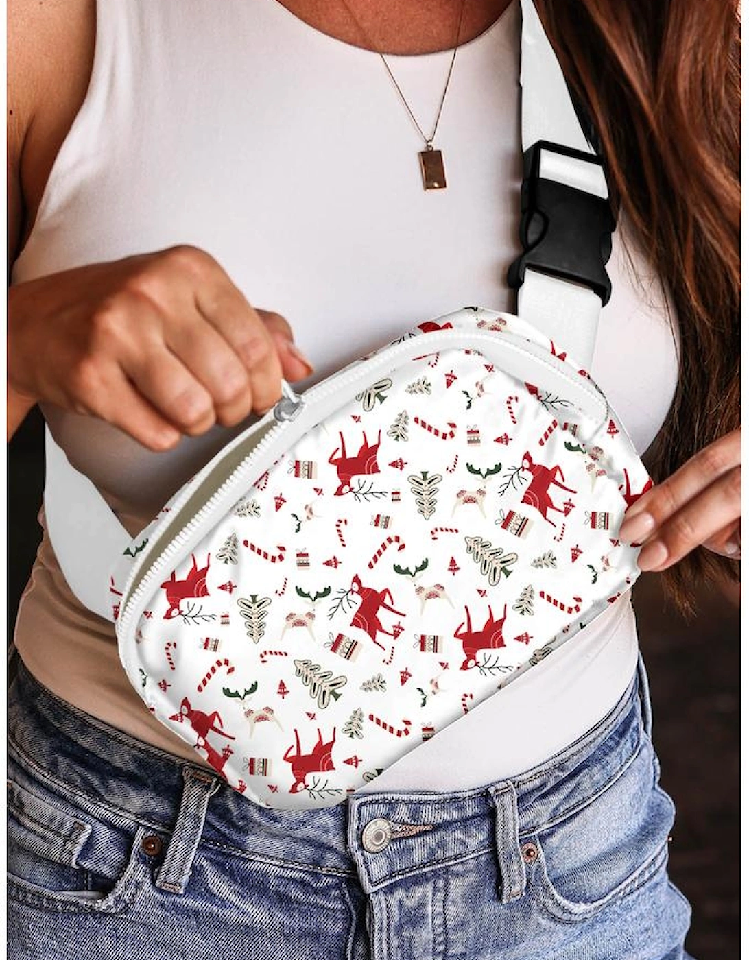 White Christmas Pattern Print Buckle Wide Strap Crossbody Bag