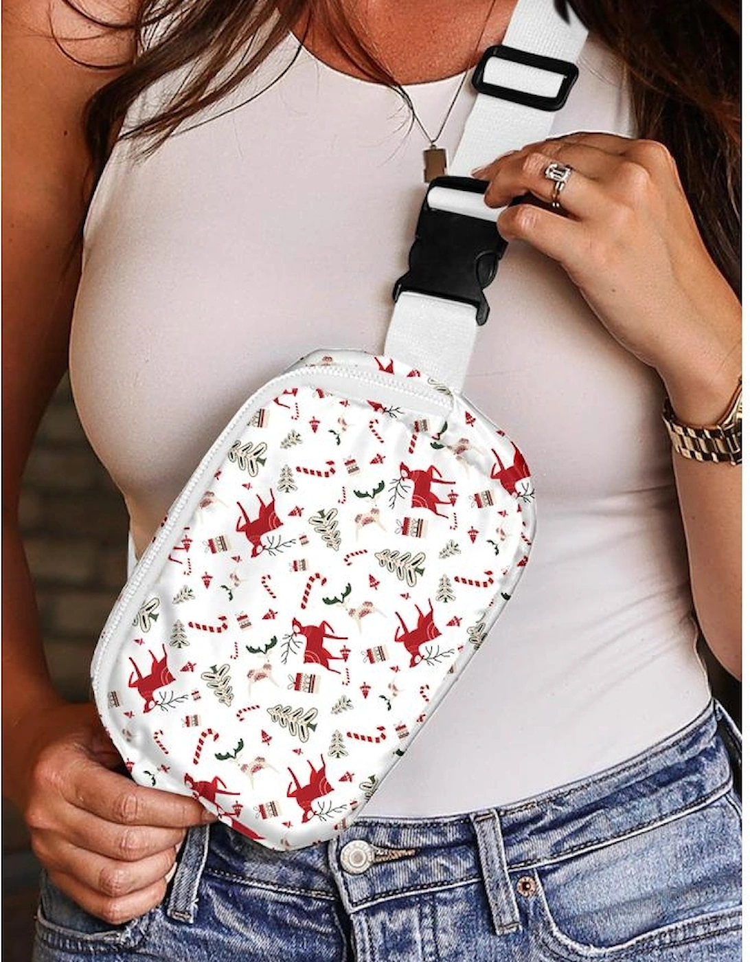 White Christmas Pattern Print Buckle Wide Strap Crossbody Bag