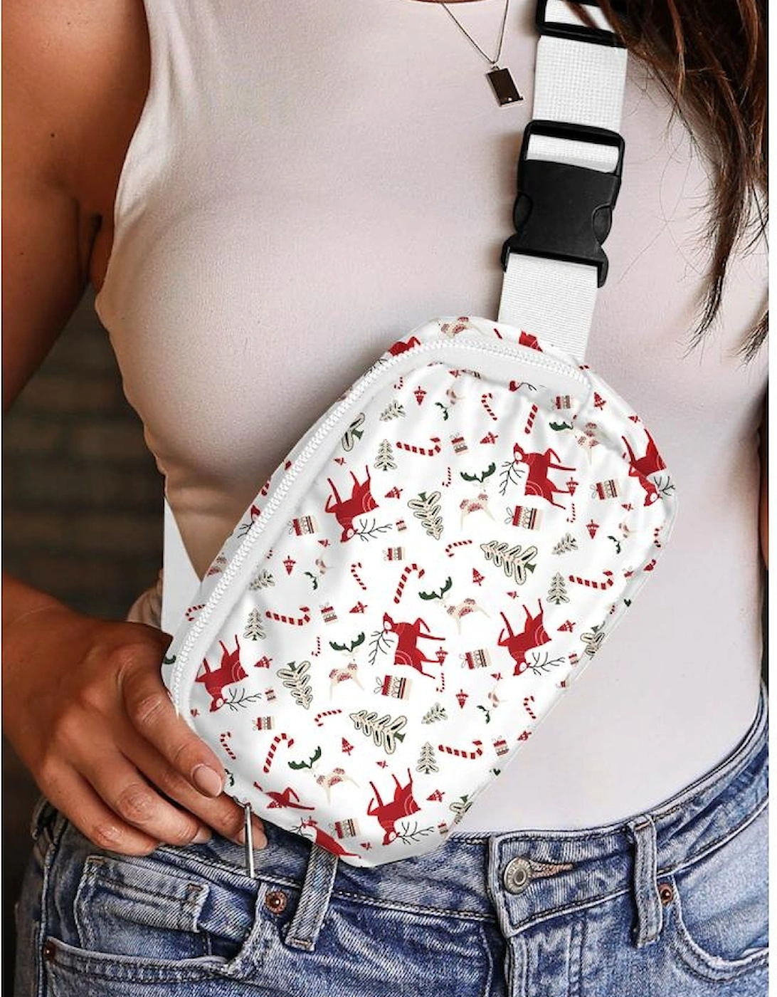 White Christmas Pattern Print Buckle Wide Strap Crossbody Bag