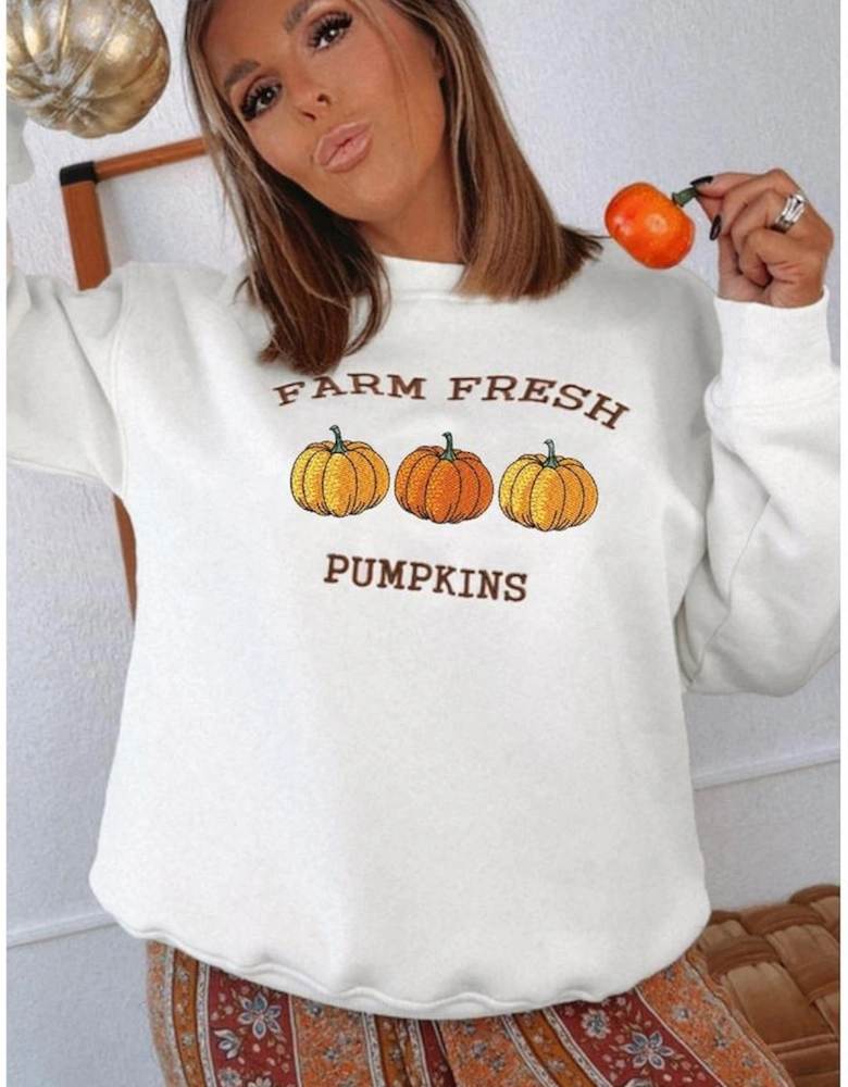 White FARM FRESH PUMPKINS Embroidered Graphic Thanksgiving Holiday Sweatshirt
