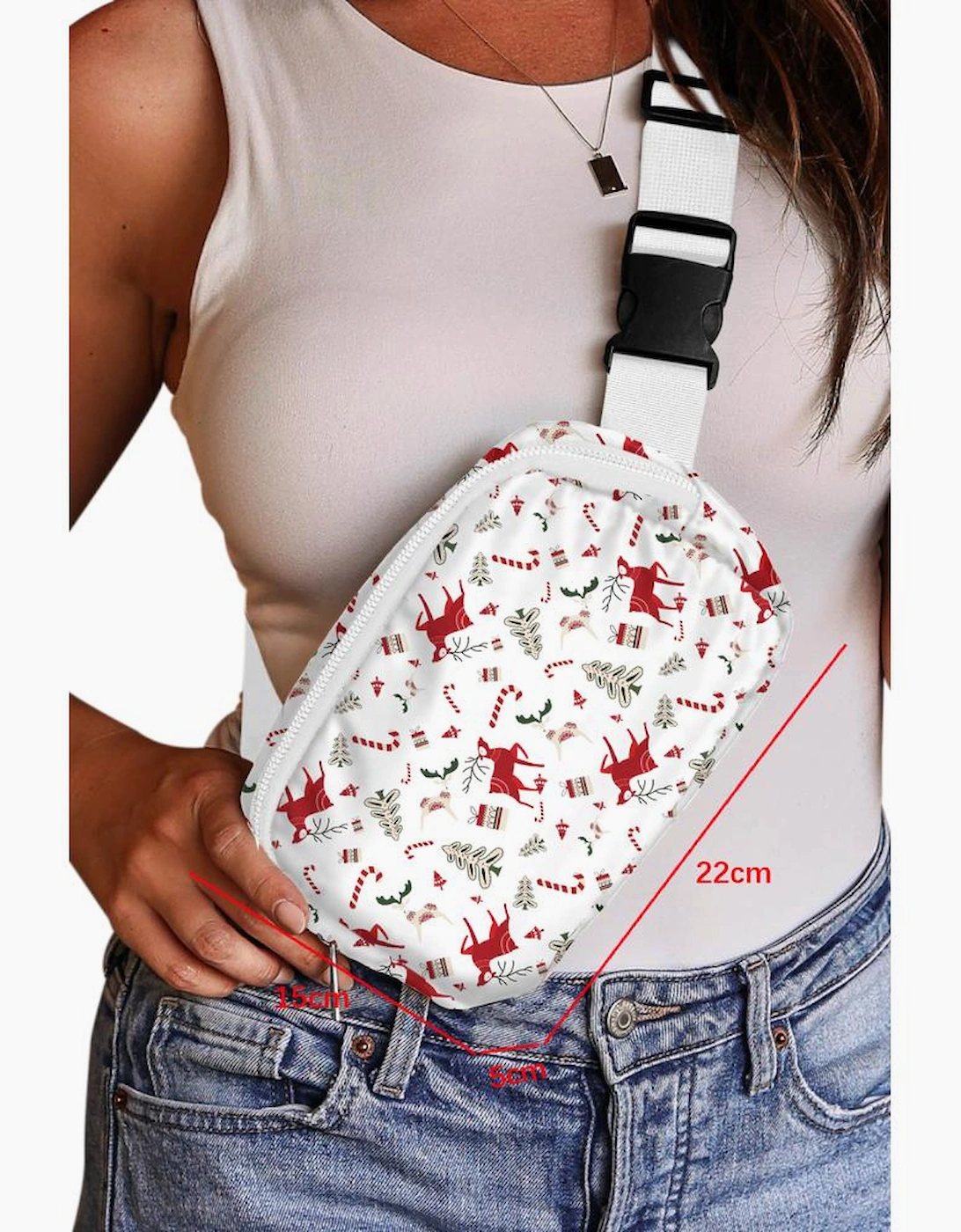 White Christmas Pattern Print Buckle Wide Strap Crossbody Bag