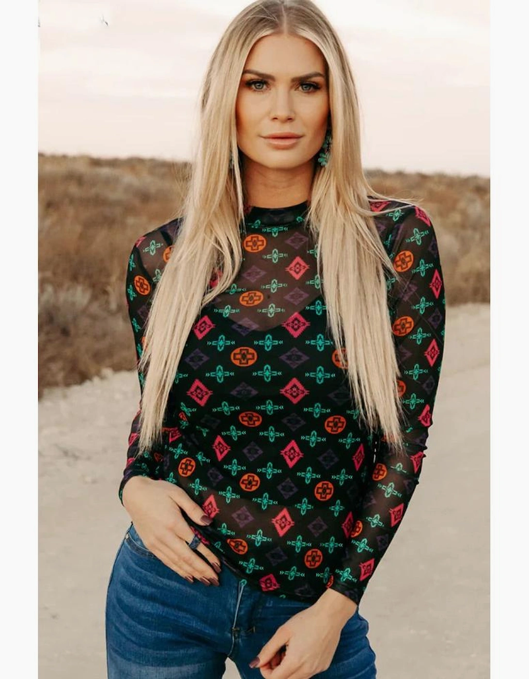 Black Western Aztec Printed Long Sleeve Mesh Top