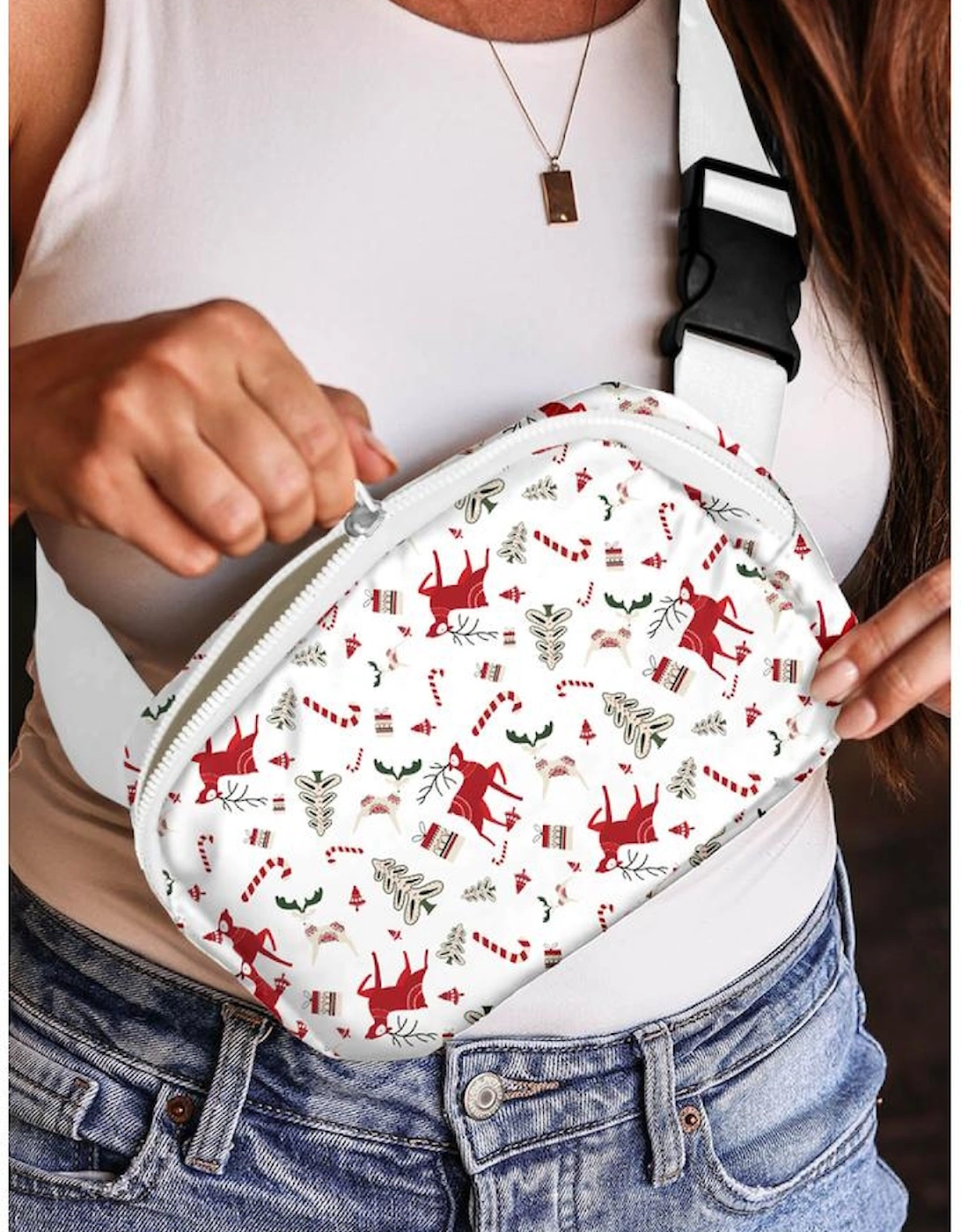 White Christmas Pattern Print Buckle Wide Strap Crossbody Bag, 7 of 6