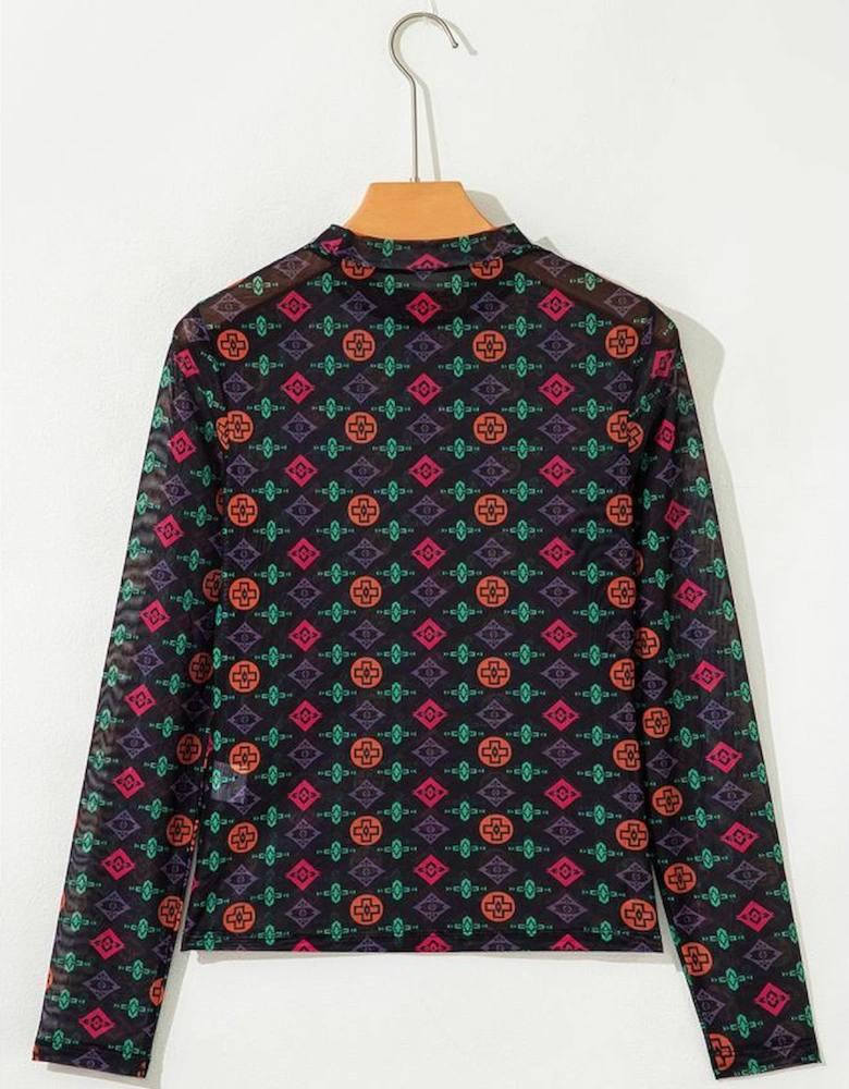 Black Western Aztec Printed Long Sleeve Mesh Top