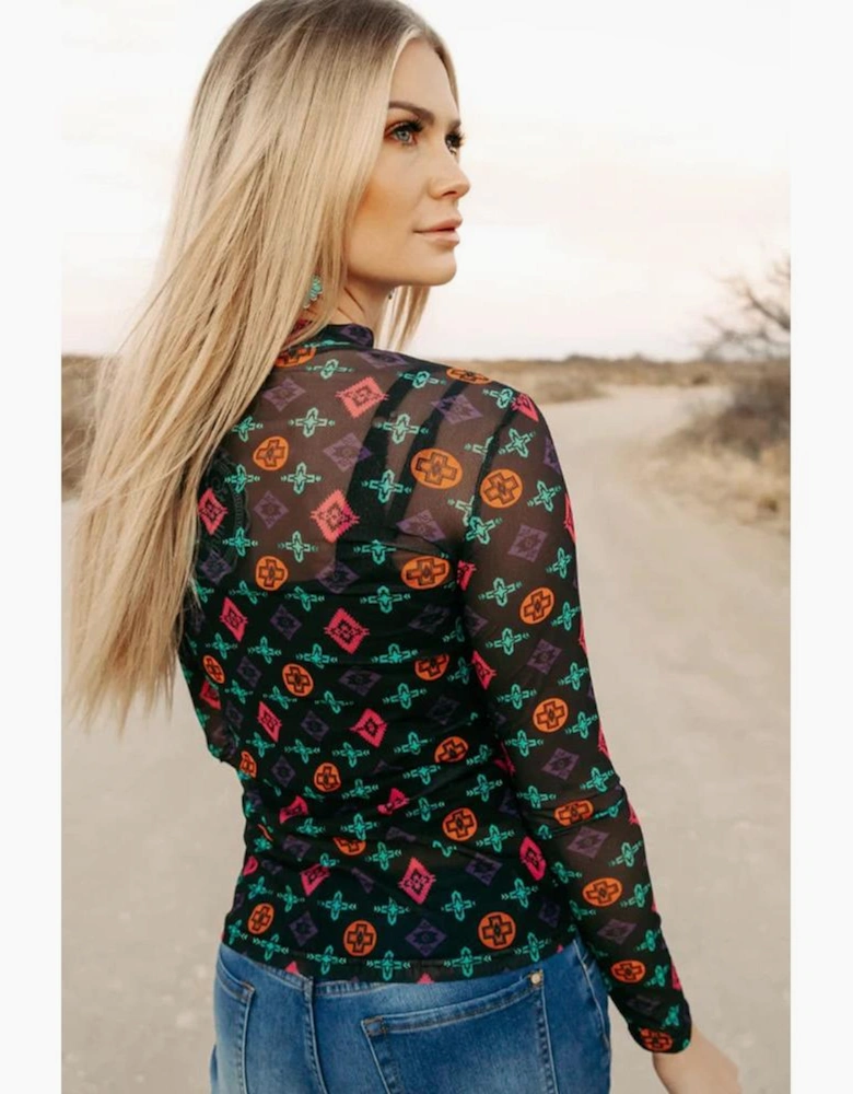 Black Western Aztec Printed Long Sleeve Mesh Top