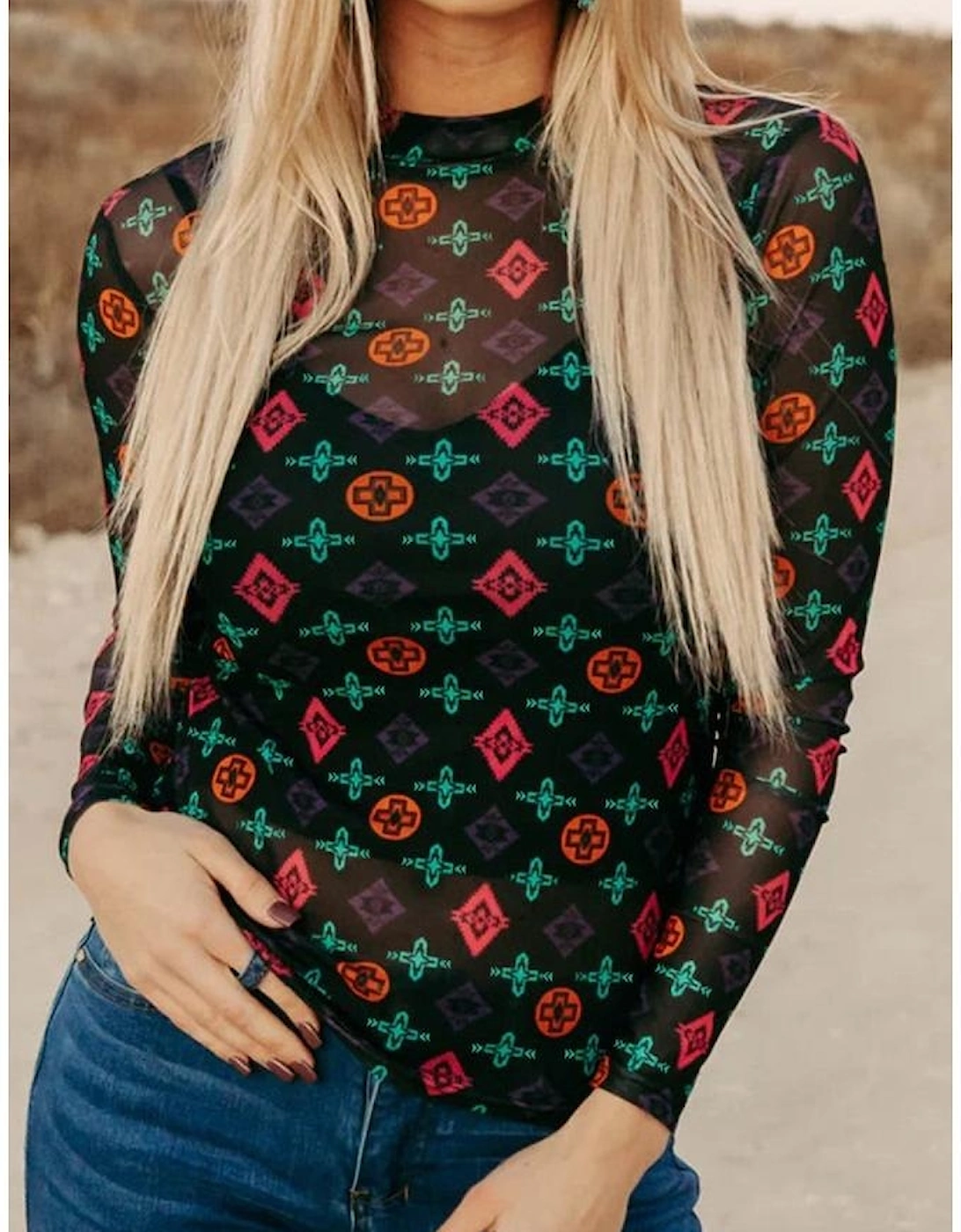 Black Western Aztec Printed Long Sleeve Mesh Top