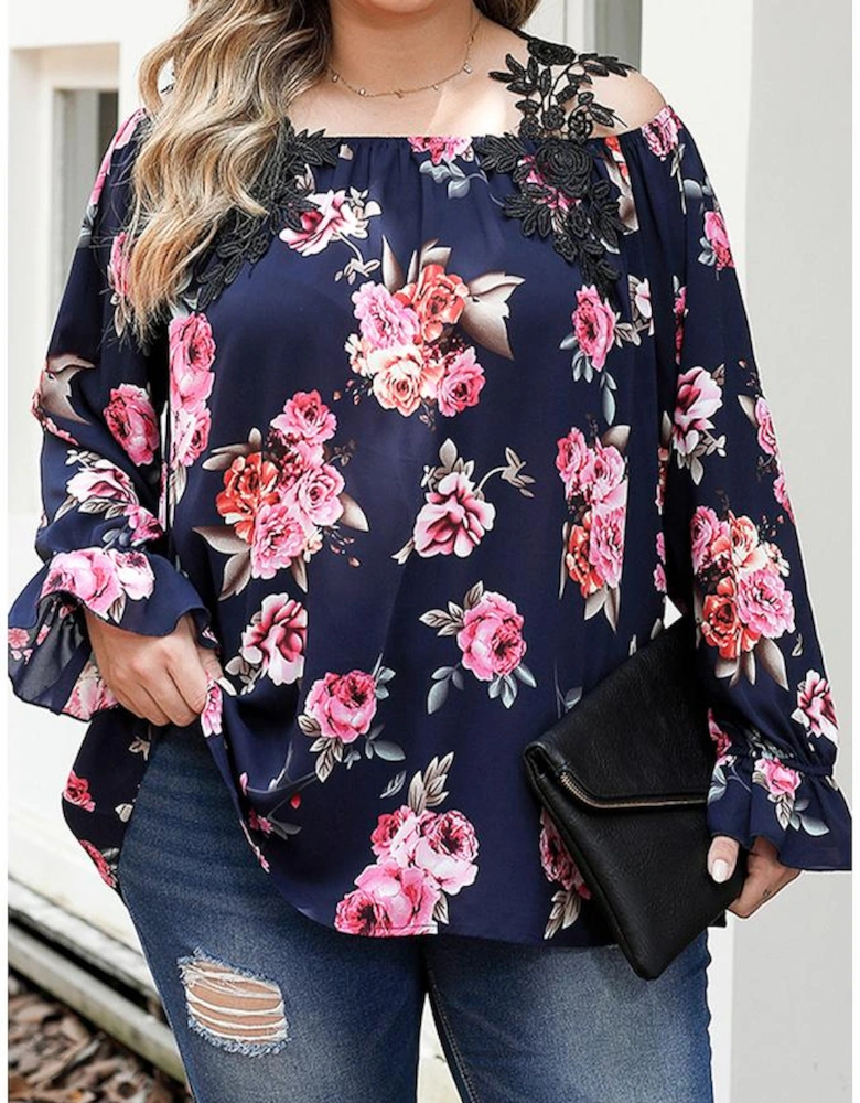 Navy Blue Plus Size Crochet Detail Cold shoulder Floral Blouse