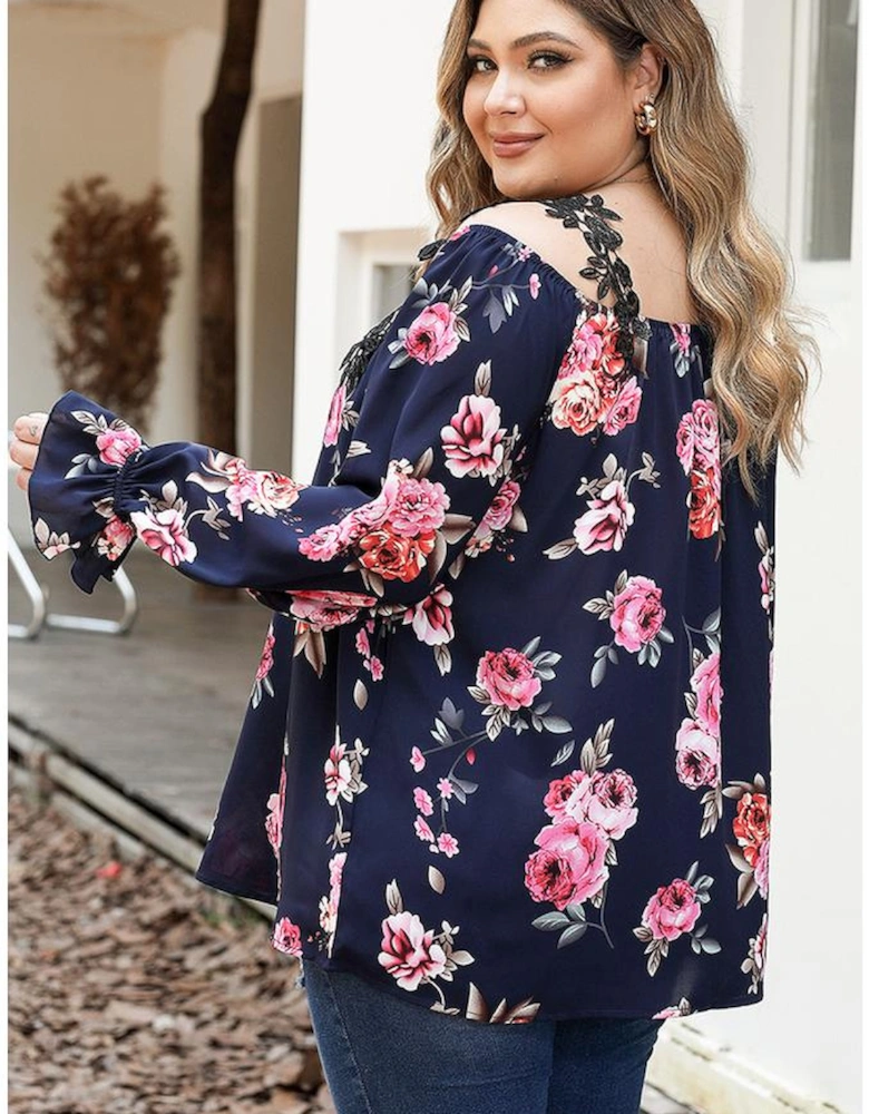 Navy Blue Plus Size Crochet Detail Cold shoulder Floral Blouse
